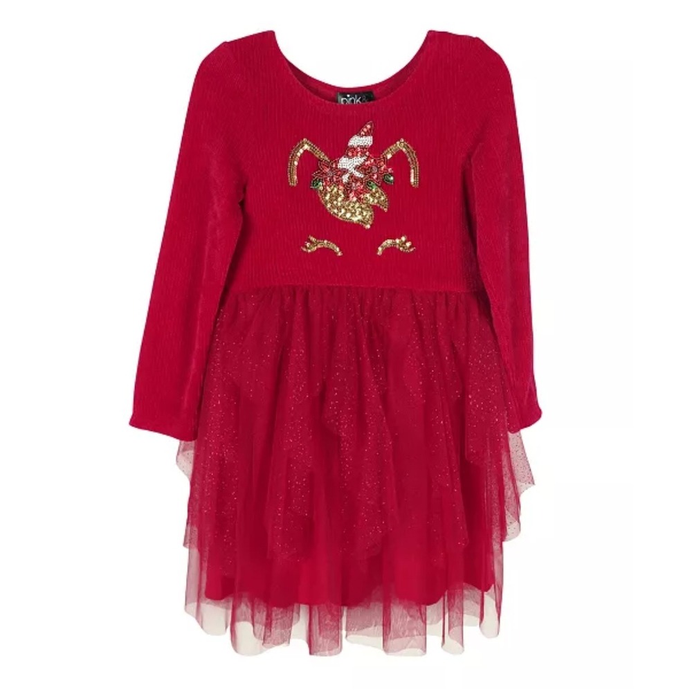 Pink & Violet Toddler Girls 3/4 Sleeve Unicorn Tutu Dress - Red - Size 2T
